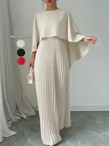 Women's Plain Pleated Cloak Sleeve Maxi Dress, Elegant Round Neck Dress for Party Holiday Wedding Guest, Ladies Spring & Fall Clothes， Valentine's Day Gift for Girl