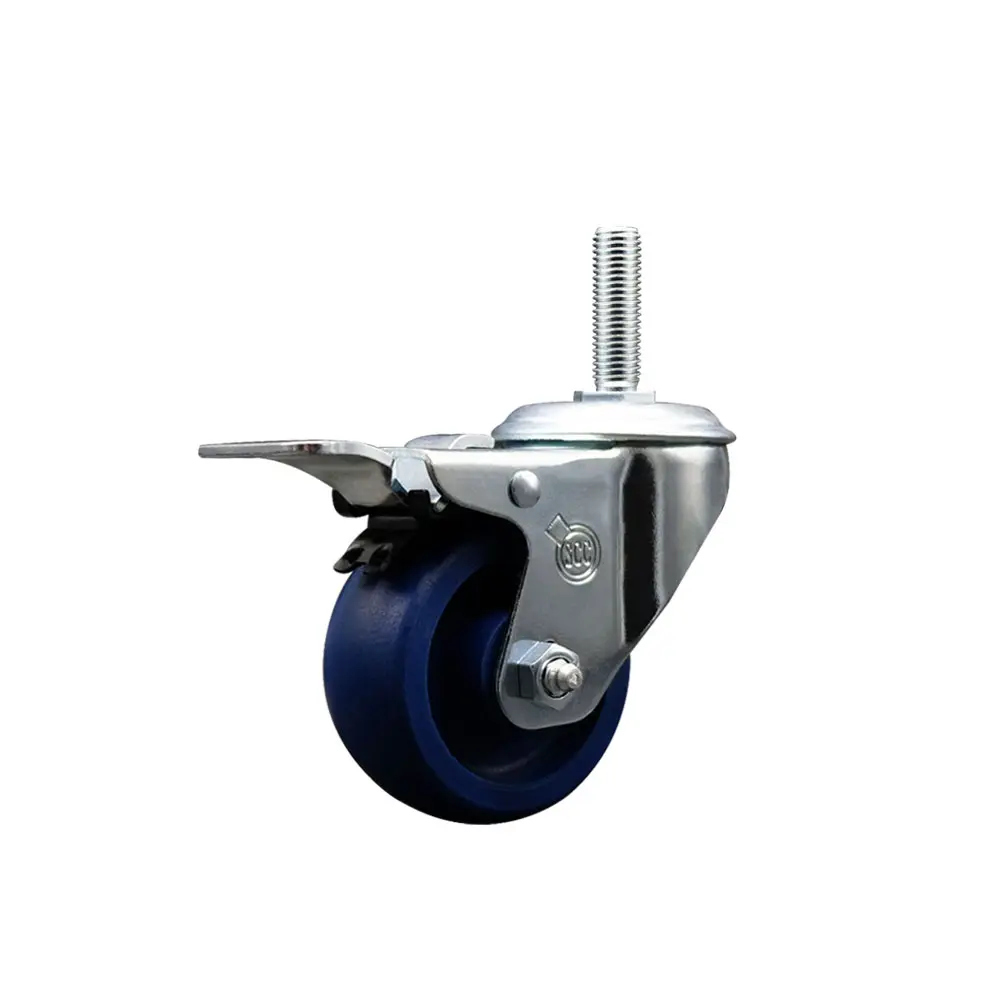 Service Caster SCC-TSTTL20S314-SPUS-34212 Series #20 Lockable Swivel Wheels Caster, Solid Polyurethane Threaded Stem, 3x1.25 in. Blue Lockable Wheels, 0.75 in. Stem, Total Locking Brake, 300lb Capacity for Carts & Tools