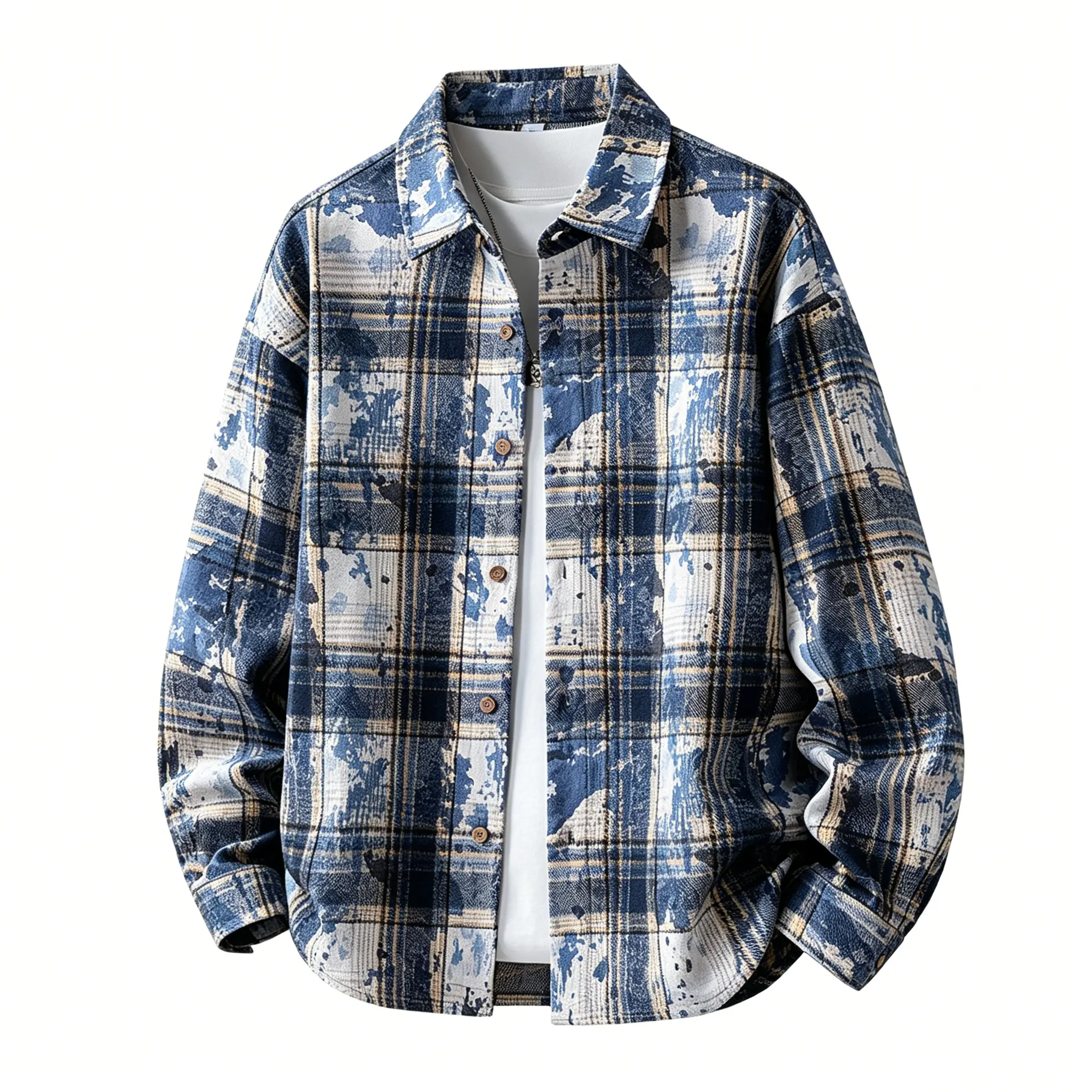 Men’s vintage plaid short outerwear jacket, oversized long-sleeve button-up shirt, casual loose-fit lapel jacket