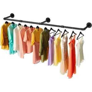 Wall Mounted 60in Clothes Rack, Industrial Pipe Heavy Duty Iron Garment Rack Bar, Multi Purpose Hanging Rod for Laundry Room Closet Storage, Black