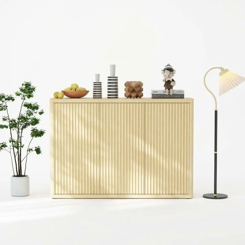 GARVEE MDF Wood Sideboard, 118.5x39.5x86 cm, 3-Door Modern Buffet Cabinet with Wave Pattern & Adjustable Shelves for Kitchen Storage