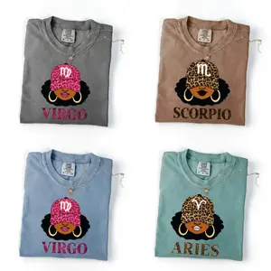 Comfort Colors [All 12 Zodiac] Zodiac Vibes T-shirt – Afro Woman Astrology Sign Pullover with Sparkly Hat Graphic, Unisex Horoscope Crewneck Gift for Aries, Virgo & Zodiac Lovers- DarkFlex