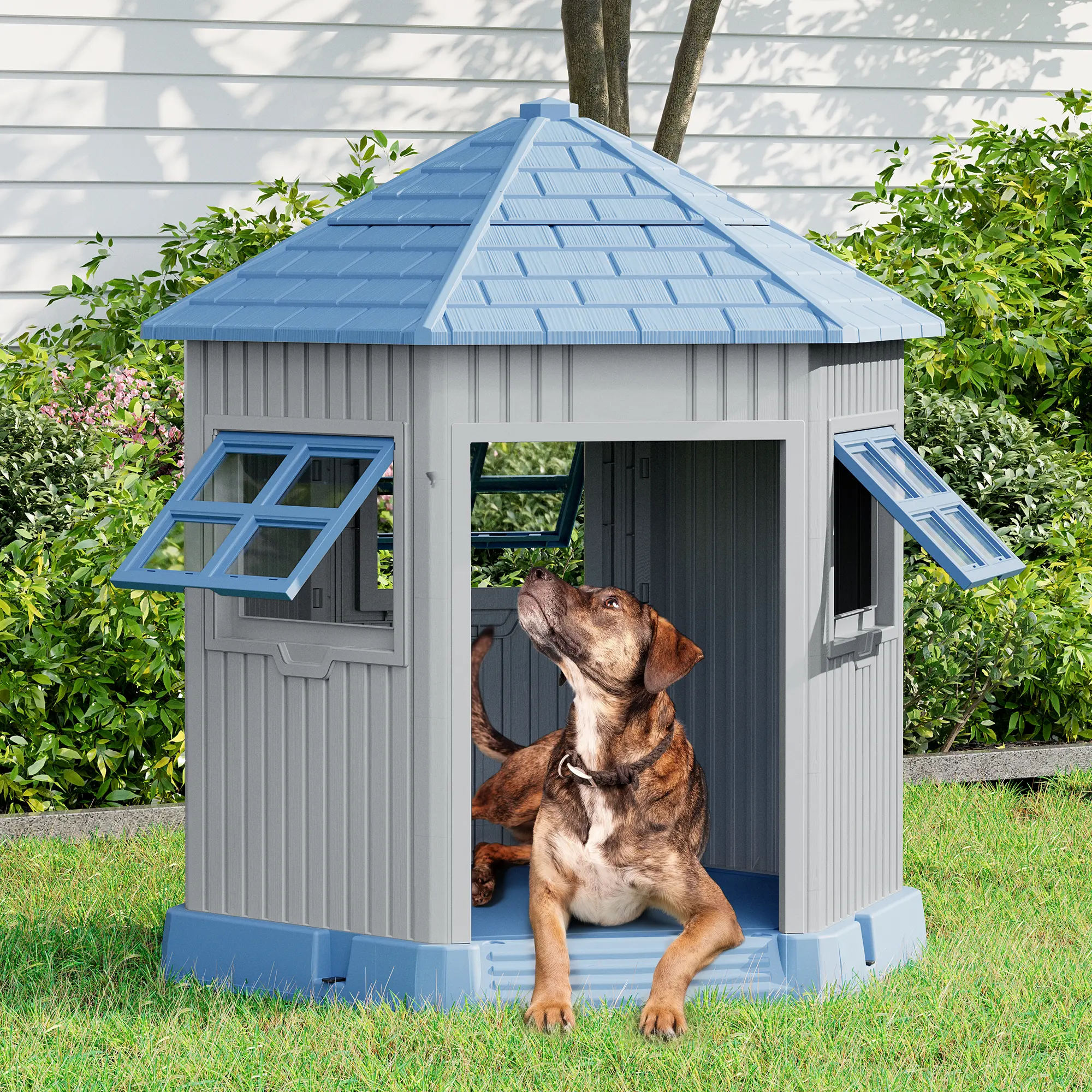 Dog House Indoor Outdoor, Waterproof Dog Shelter with Air Vents, Window & Elevated Floor for Small to Large Dogs