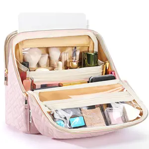 Standing Makeup Bag, Large Capacity Travel Makeup Organizer, Portable Stand Up Make Up Case, Waterproof Cosmetic Toiletry Bags with Handle, Color Pink