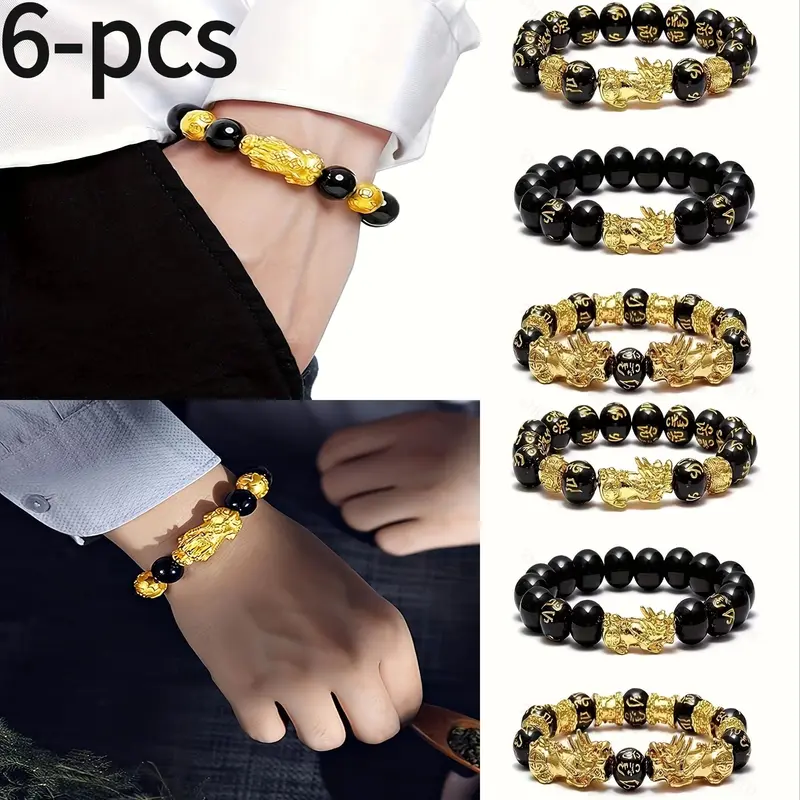 6pcs Feng Shui Lucky Charm Bracelets Set Classic Men Natural Stone Elastic Bracelets Chic Pixiu Design Black Beads Chain Set