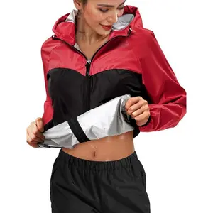 Women's Colorblock Zip Up Hooded Sports Sauna Jacket, Sporty Drawstring Pocket Zipper Outerwear for Gym Workout Running, Ladies Sportswear for All Seasons, Clothing