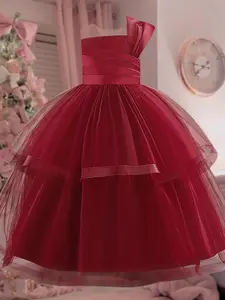 Girl's Contrast Mesh Bow Decor Fit and Flare Tulle Tutu Dress, Elegant Asymmetrical Neck Sleeveless Tiered Layer Dress for Party Performance Wedding Guest, Kids Clothes for All Seasons