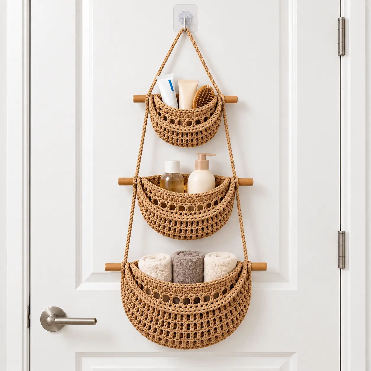 3-Tier Cotton-Jute Woven Over-Door Basket - Foldable Wall-Mounted Home Goods Organiser with Gift Hook, Storage Solution for Busy Parents’ Nursery, Laundry Room Use