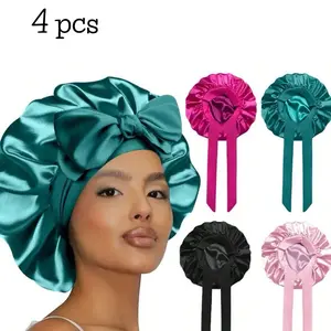 Satin Bonnet Silk Bonnet for Sleeping Single Layer Satin Lined Hair Bonnet with Tie Band Bonnets for Women Natural Curly Hair Heatless Curlers 4 pcs Non-Slip Adjustable Comfortable Fit 4Pcs Black Pink Rose Red Cyan Daily Multistyle Wrapcap