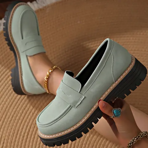 2025 Fall/Winter New Explosive Models, Comfortable and Versatile Solid Color Leather Suede Texture, Thick Sole with Stepping Detail Design Comfort, Casual Women's Penny Loafers, Slip On Flats, Casual Fashionable Flats