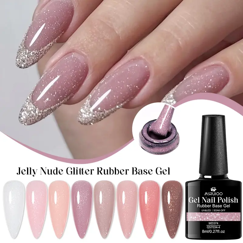 MSRUIOO 8ml Jelly Nude Glitter Rubber Base Gel, Glitter Sequins Nail Polish Jelly Gel French Manicure Soak Off UV/LED Gel for Nail Art DIY At Home Cosmetic Glitter Gels