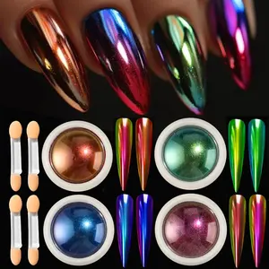 4Pcs/Set Chameleon Nail Glitter Powder, Mirror Metallic Chrome Pigment Dust, Mermaid Effect Shining Nail Polish Pigment with Brush for DIY Manicure Nail Art Decorations
