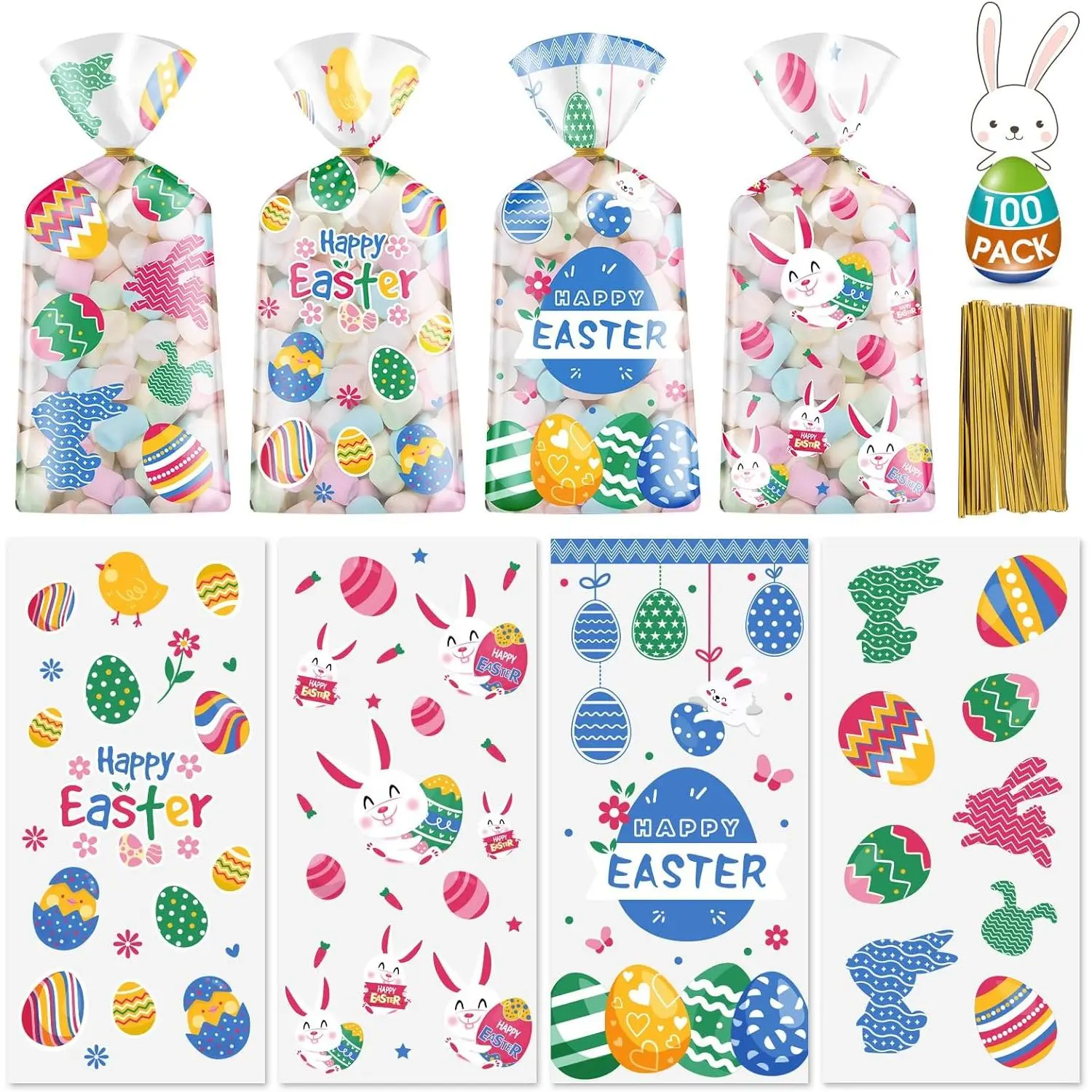 100 count Easter Treat Bags - Happy Easter Gift Bags, Easter Eggs Plastic Cellophane Bag, Clear Colorful Easter Bunny Goodie Candy Favor Bags with Gold Twist Ties for Easter Party Favors Supplies