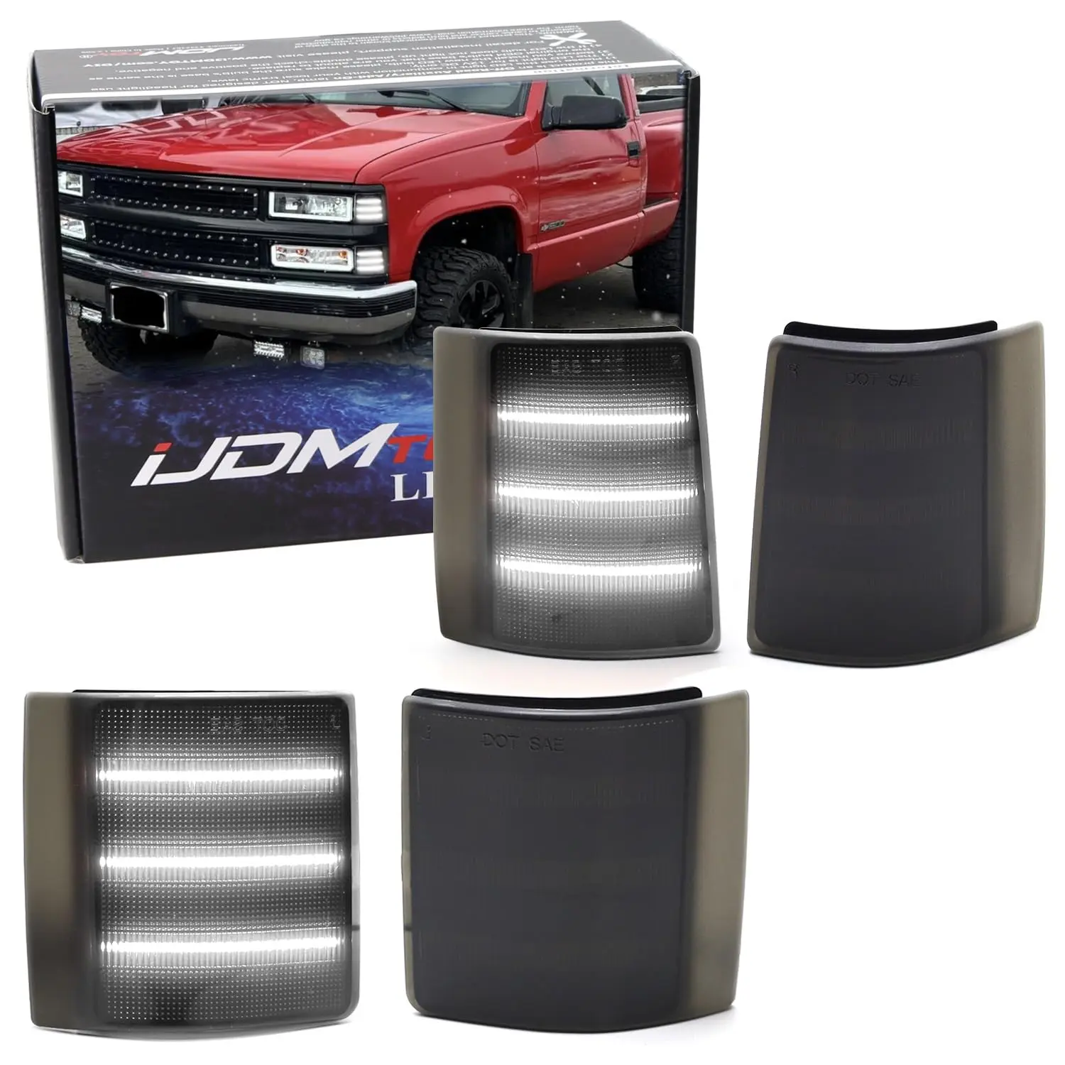 iJDMTOY 4pc Set Smoked Lens White Triple LED Strip Front Side Marker Light Kit For Chevrolet 1995-1999 Suburban/Tahoe, 1994-1999 K1500 K2500 C1500 C2500, 1994 Blazer