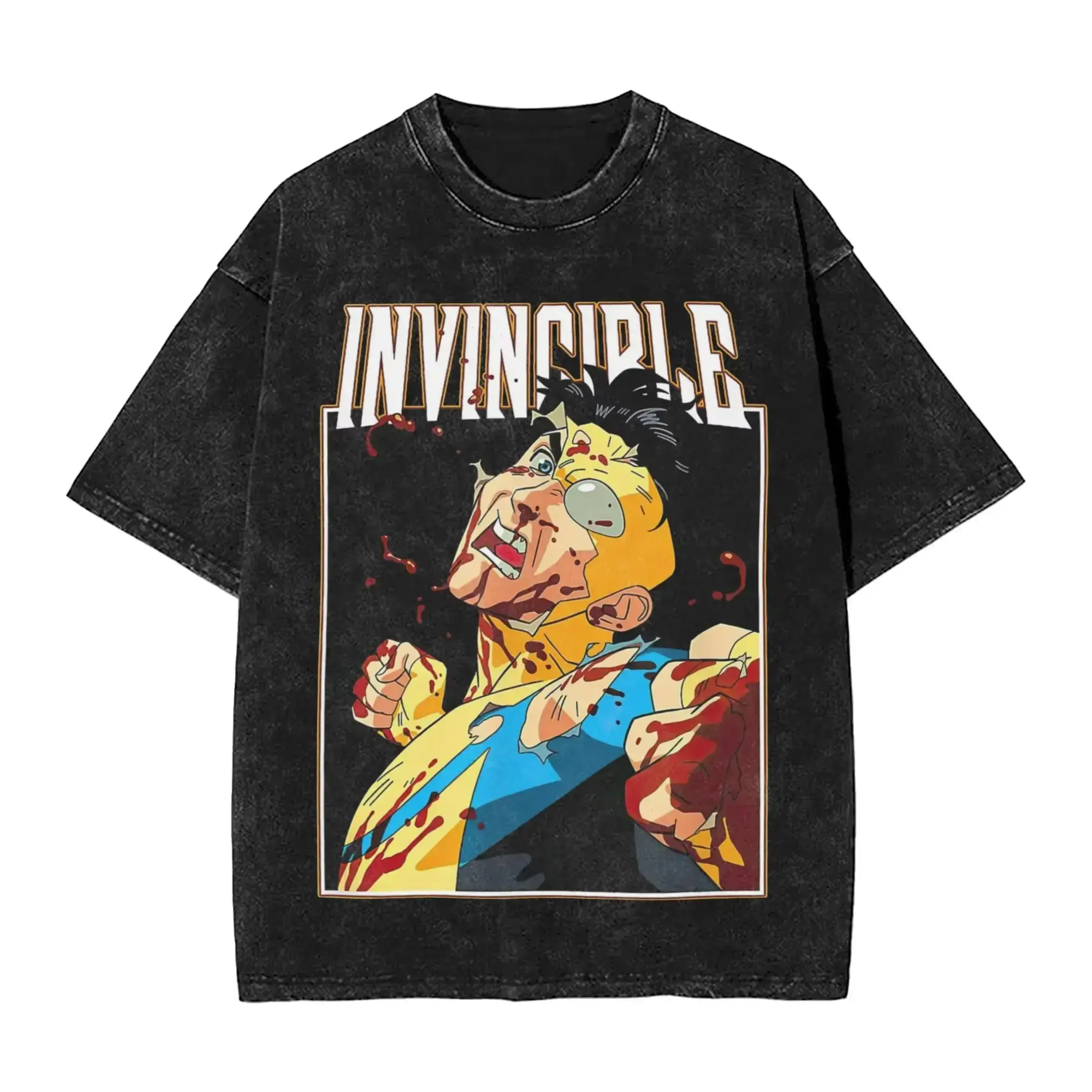 [AVT]Invincible Mark Grayson Comic Graphic Tee, Vintage Acid Wash Unisex T-Shirt, Anime OOTD show Blood Splatter Superhero Top, Y2K Grunge Harajuku Aesthetics Hip Hop Streetwear Clothes for Men and Women Casual Garment invincible humor,funny student shirt