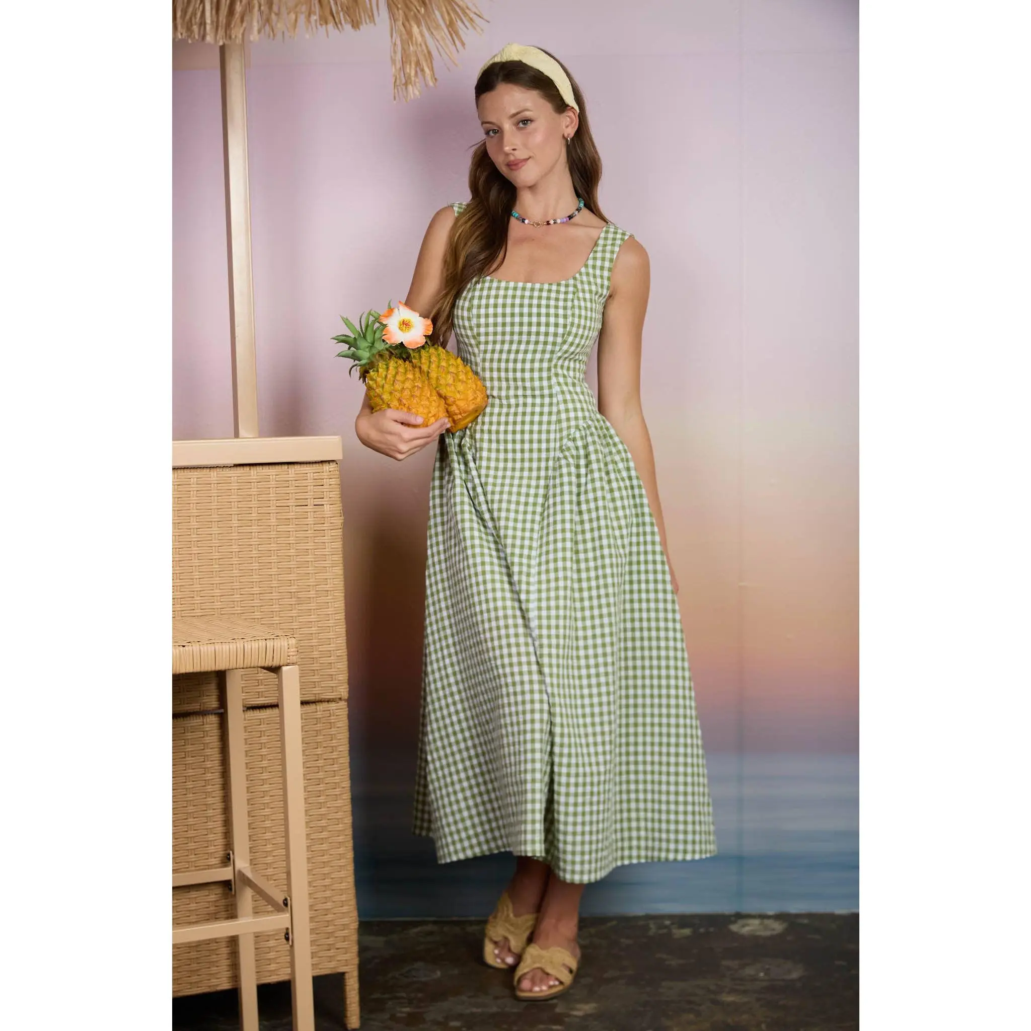 PLAID BASQUE WAIST SLEEVELESS MIDI DRESS : GREEN
