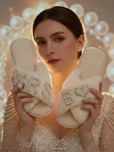 X-Strap Plush Slippers with Pearl Rhinestone Accents, Customizable B Initial, Casual Indoor Shoes for Women, Perfect Gift for Special Occasions