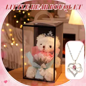 Mother's Day Bear Rose Bouquet Gift Box, Artificial Roses with Plush Bear, Heart Necklace, Greeting Card, Perfect for Girlfriend, Mother, Wife