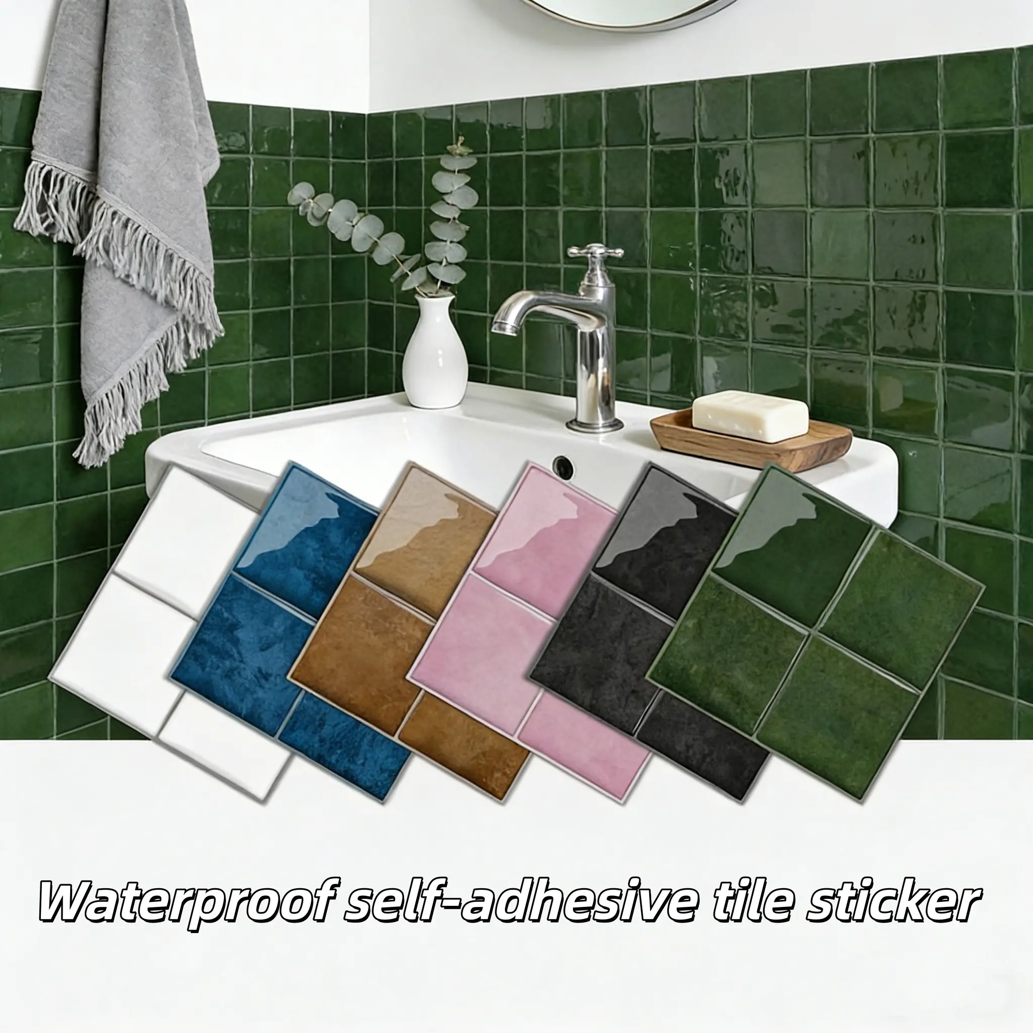 Self-adhesive Decorative Wall Tiles, 24 Pieces Classic Green Square Tile Stickers - Marble Tiles for Kitchen, Balcon, Sink, Bathroom, Dining Room - 6x6 Inches - Home Decor Decoration Sticker