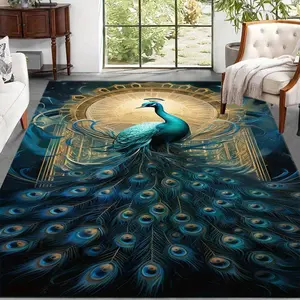 Luxurious Peacock Golden Mandala Large Area Rug - Soft Diatomite Material, 100% Rubber Backing, Quick-Dry, Hyper-Realistic 3D Design, Room Decor for Bathrooms, Living Rooms