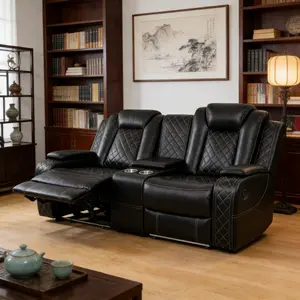 Summervibes Black Breathing Leather Living Room Sectional Recliner Loveseat