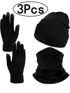 3Pcs-Unisex Gloves Scarf Hat Set, Warm Winter Warmth Accessories for Men Women, One Size Fits All, Ideal for Cold Weather Protection