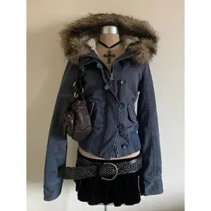 American Vintage Slim Jackets with Hooded Women Casual 2025 Winter Safari Coats Retro Clothing Button Warm Tops Elegant Hooded