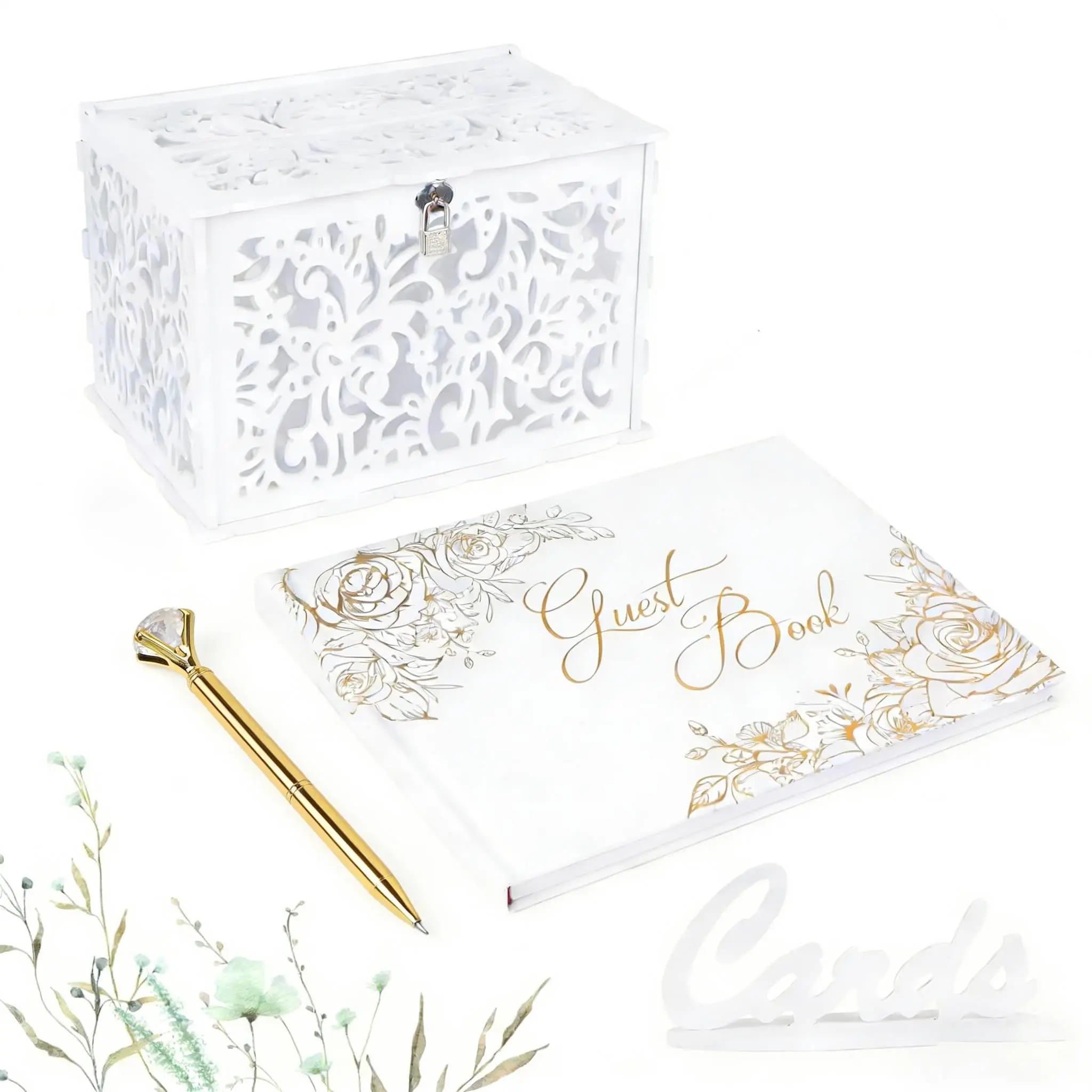 1 set of wedding card storage box&sign in book set, with lock, pen and card identification tag, suitable for weddings, baby parties, gift card storage