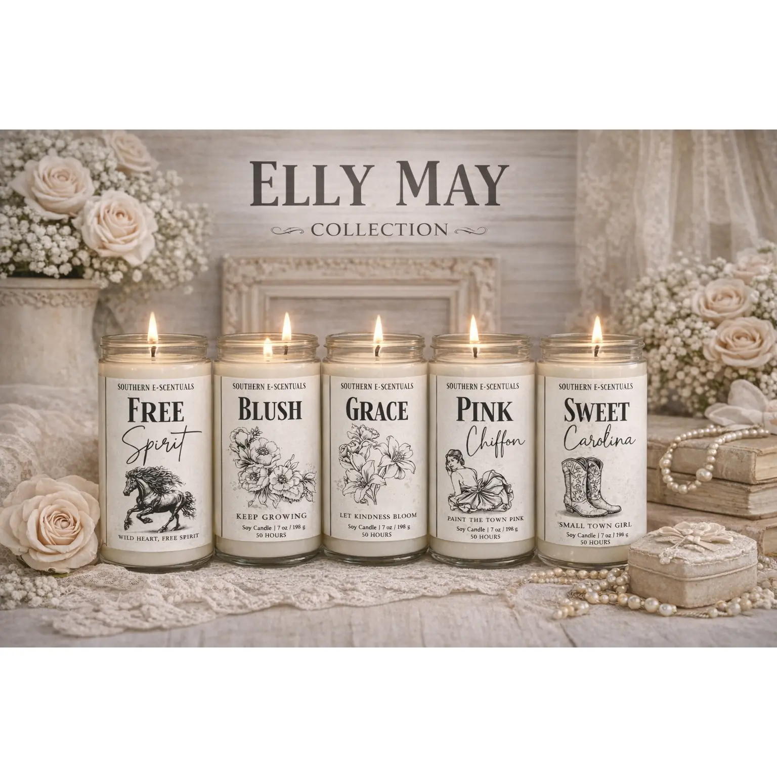 Elly May Women’s Handmade Wooden Wick Soy Candle Collection - Soft Floral, Feminine Scents, Vanilla Fragrance - Peach Jar Candle for Room Decor, Aroma Freshener