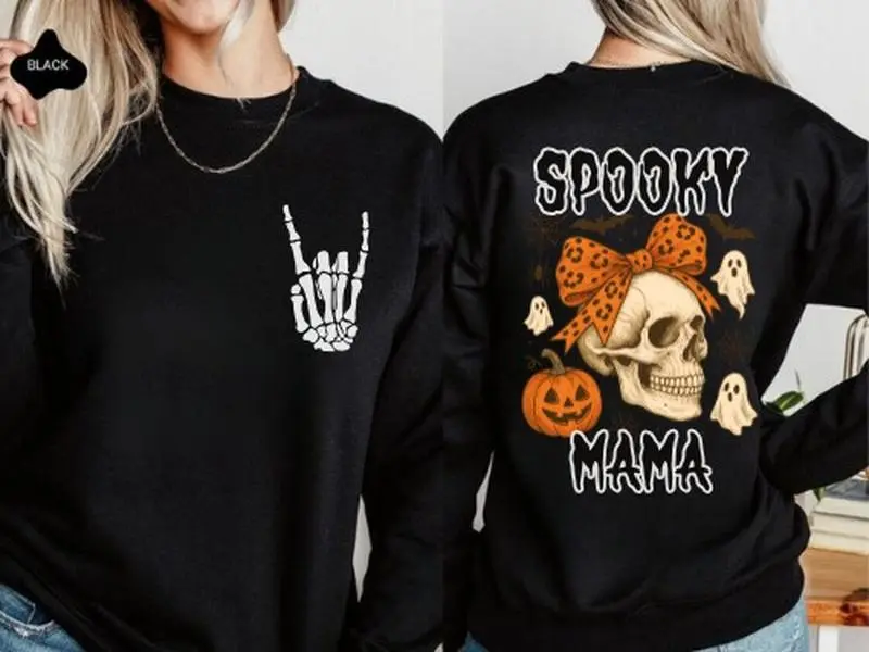 Spooky Mama Heavy Cotton Tee, Coquette Skull shirt, Skeletal hands tee, Mom Halloween Shirt, Funny Graphic Tee, Casual Wear, Mother apparel