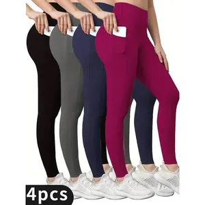4-piece set of plus-size high-waisted sports leggings, suitable for women — comfortable fitness running leggings for spring and autumn with pockets — breathable, moisture-wicking, four-way stretch, and soft fabric
