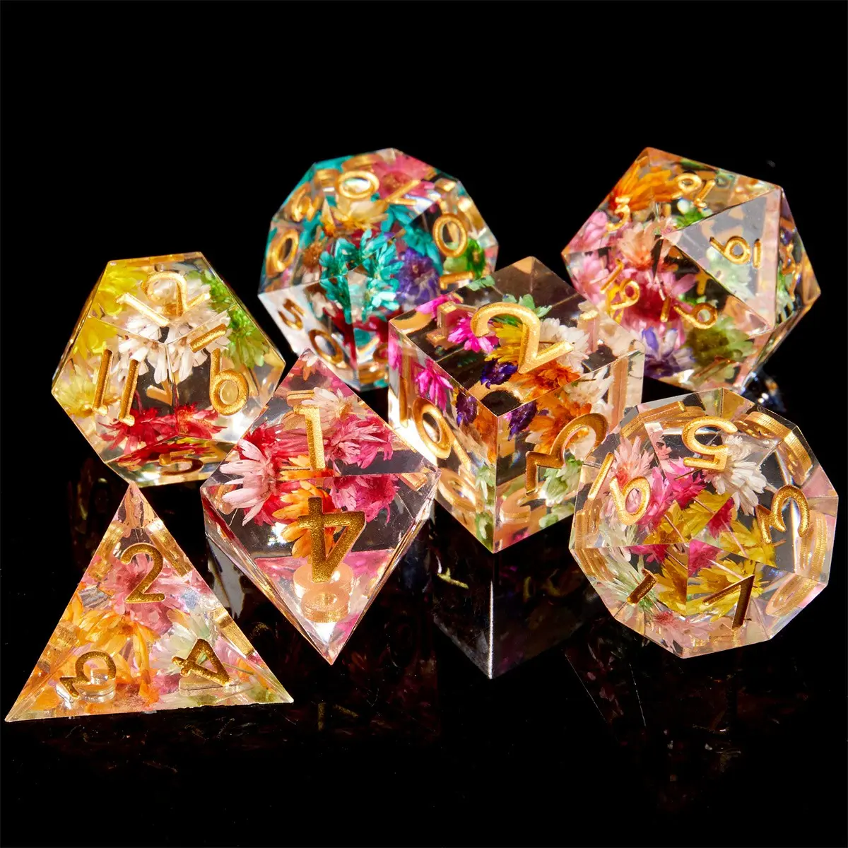7-Piece Handmade Sharp Edge Dnd Dice Set, Floral Design Rpg Dice for Dungeons & Dragons, Mtg, and Other Tabletop Games