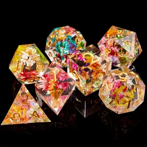 7-Piece Handmade Sharp Edge Dnd Dice Set, Floral Design Rpg Dice for Dungeons & Dragons, Mtg, and Other Tabletop Games