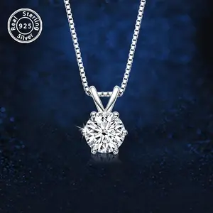 Brilliant 6-Prong Round Cut Solitaire Pendant Necklace - 925 Sterling Silver VVS Dainty Diamond Necklace, Hypoallergenic, Ideal for Engagement, Wedding & Everyday Wear