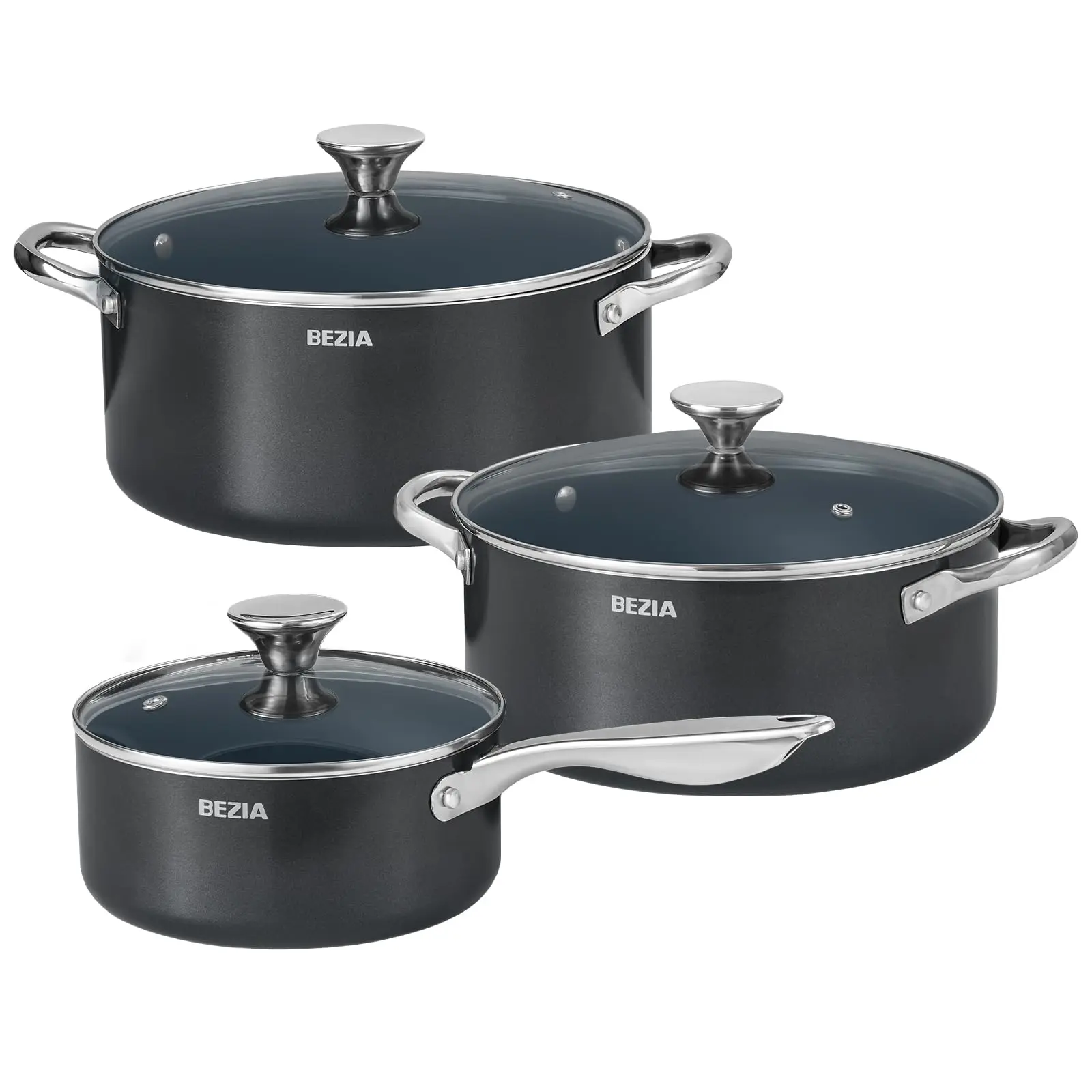 Induction Cookware Set 6-Piece Stackable Kitchen Cooking Pots Set 6qt 4.8qt & 2qt Pots with Lids Dishwasher Safe & Oven Safe Compatible with All Stoves Black