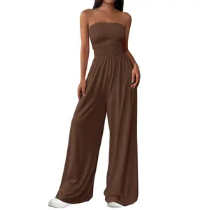 PrettyGarden Womens Trendy Strapless Jumpsuits Ruched Tube Top Wide Leg One Piece  Rompers Beach Vacation Summer Outfits