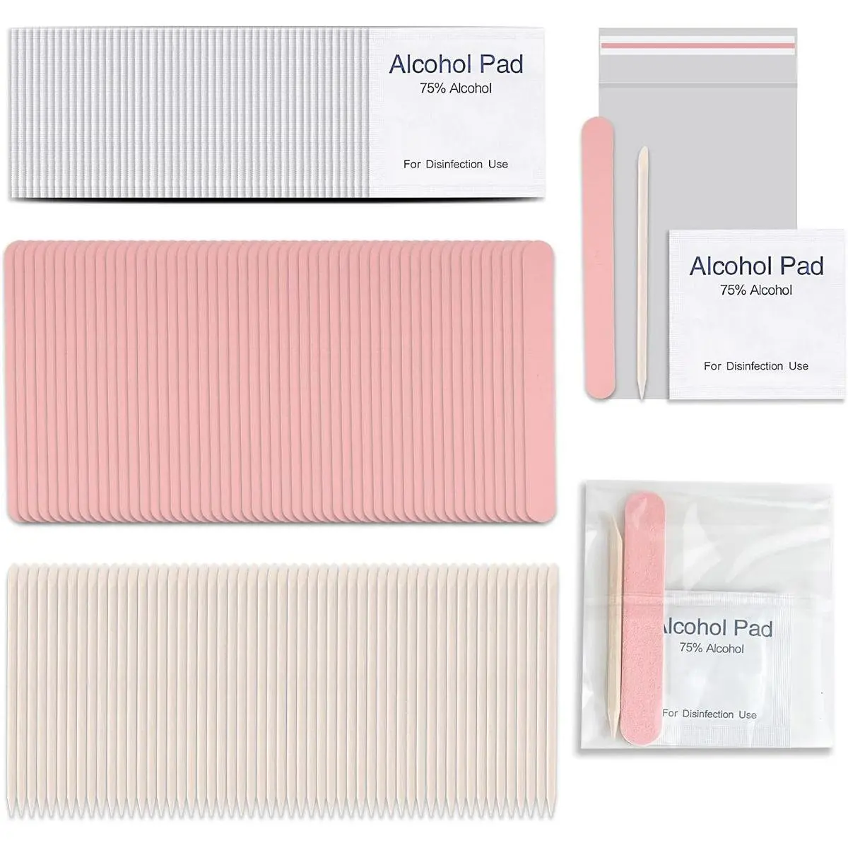 50 Set Disposable Press on Nail Tool Kit, including 50pcs Nail File, 50pcs Prep Pad, 50pcs Wood Stick, 50pcs OPP Bag, Manicure Nail Prep Kit for Salon Home (50pcs-A-pink)