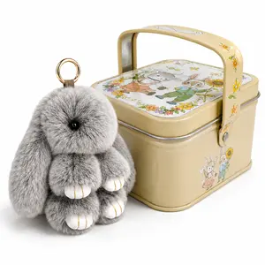 2 Pack Cute Plush Bunny Keychain Gift Set with Gift Box, Fluffy Rabbit Bag Charm for Backpack Purse Keys, Easter Birthday Gift