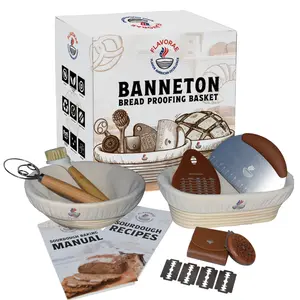 Bread Proofing Basket Set of 2, Round 9" and Oval 10" Bannetons with Liners, Complete Sourdough Kit Made with Natural Indonesian Rattan