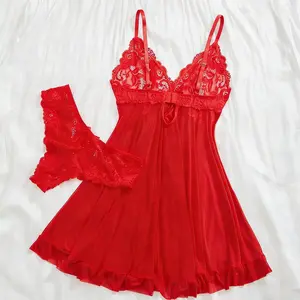 Women Lingerie Front Closure Lace Chemise V Neck Ruffle Nightgown Sleepwear