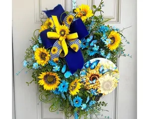 Handcrafted Sunflower Grapevine Wreath with Ribbon, Seasonal Front Door Wreath, Large floral grapevine wreath, spring mantle decoration