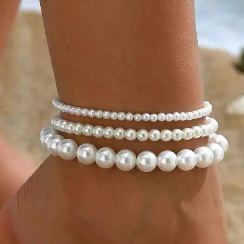 Minimalist Artificial Pearl Bead Ankle Chain, Fashionable Elastic Foot Accessory Set for Women & Girls, Casual Ocean Vacation Style Ankle Jewelry Set Anklet, Trendy Fashionable Accessories