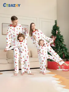 Family Christmas Fitted Pajama Set, Background with Santa Claus & Gingerbread Man Print, Soft Fabric, Festive Holiday Sleepwear