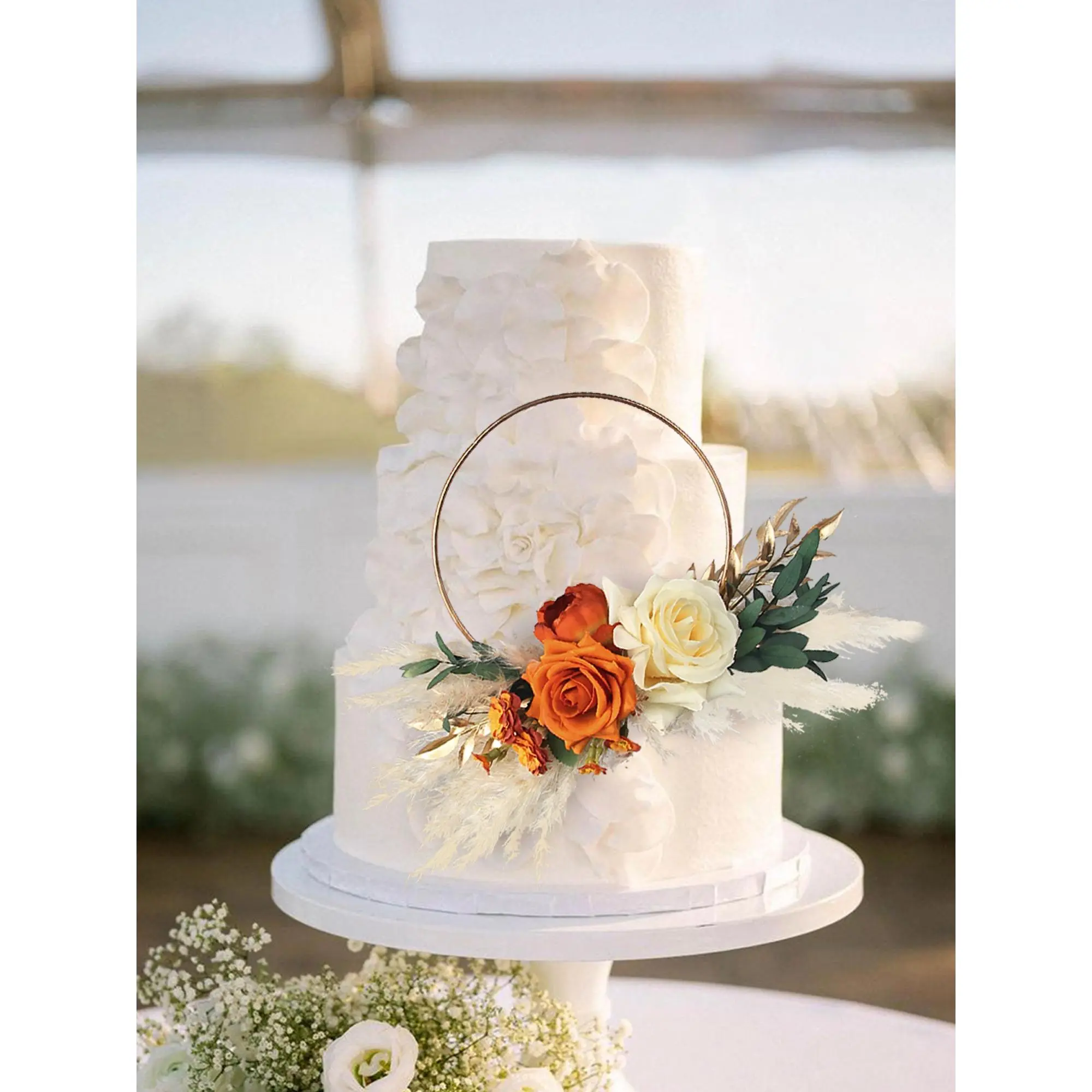 Rinlong Terracotta-Cream White Golden Silk Romantic Floral Wreath Cake Topper, Wedding Decoration Ornaments for Festive & Party Home Supplies, Opulent Golden Leaves
