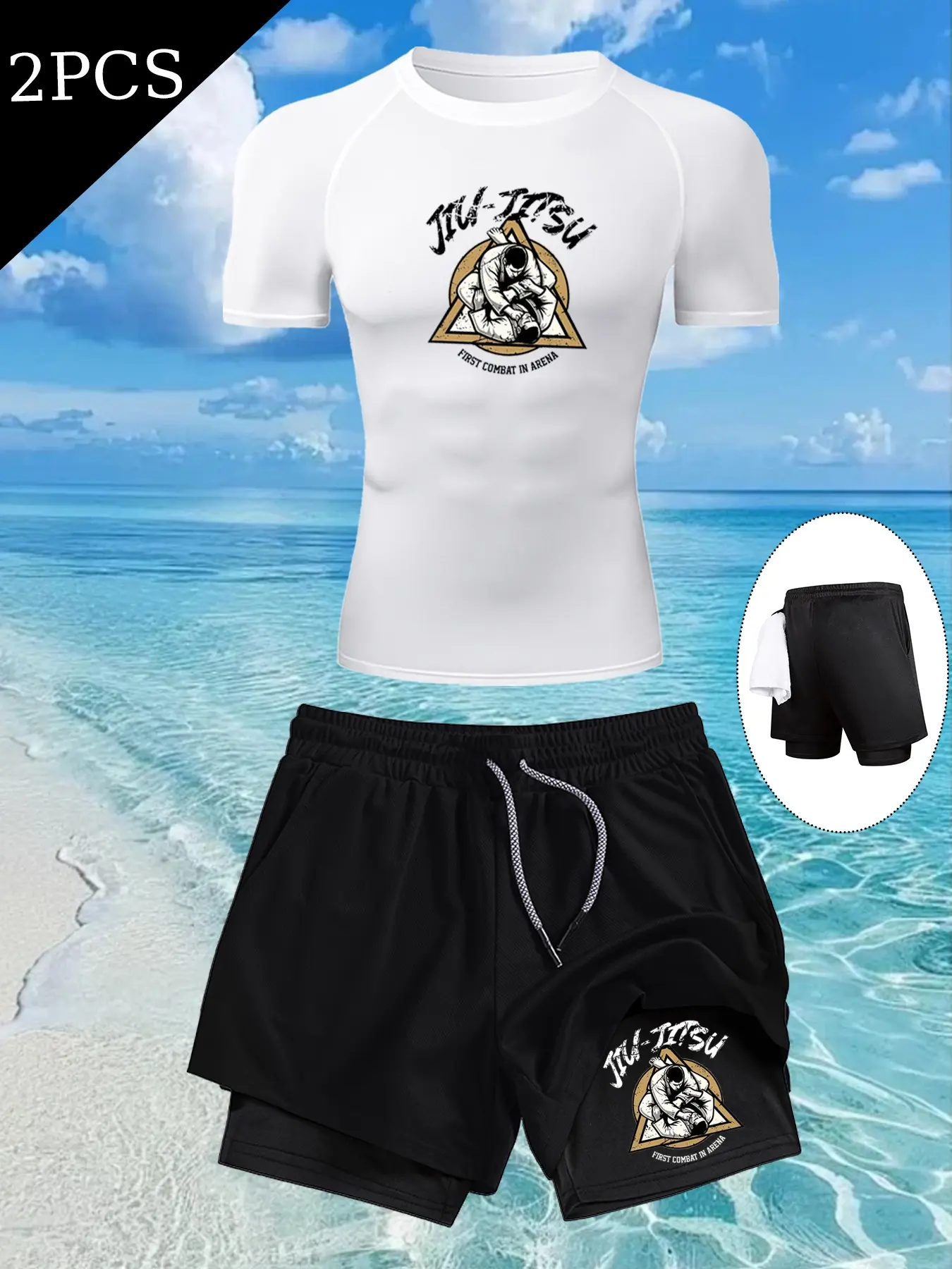 Men's Jiu-Jitsu Graphic Print Sports Set, Quick-Dry Short Sleeve Top, Dual-Layer Stretch Running Shorts, Perfect for Gym and Outdoor Activities, Activewear Shorts Set