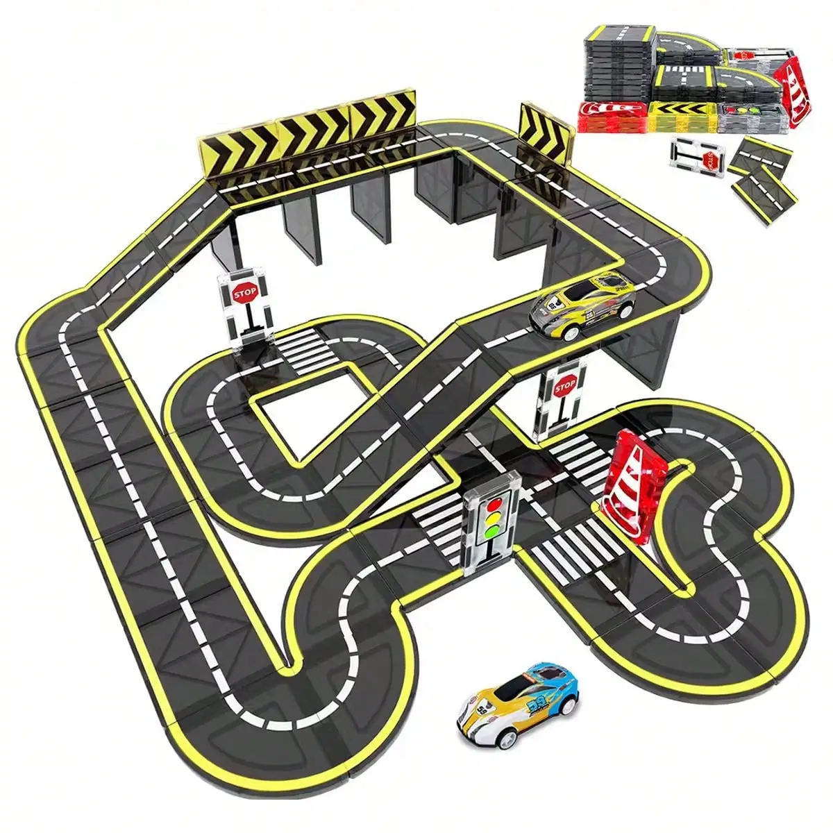 Magnetic Building Blocks Toy Magnetic Tiles Road Track with Cars, Magnetic Construction Set, Stem Creative Educational Construction Toys for Kids Ages 3-12, Magnetized Construction Set