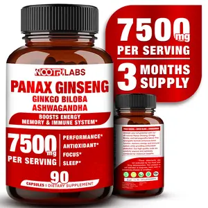 Korean Red Panax Ginseng 7500mg Highest Potency with Ginkgo Biloba and Ashwagandha, Boost Energy, Memory, and Immune System - Focus Supplement Pills for Men and Women, 90 Vegan Capsules Edible Fitness