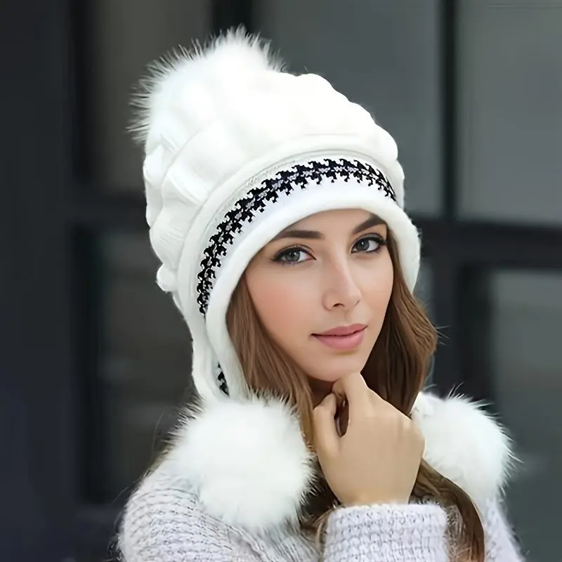 Female Winter Acrylic Fleece Beanie Hat - Fleece Lined, Built-in Inner Pocket, Ear Flaps, Adjustable Fit, Machine Washable Cold Weather Cap, Fleece Lined Acrylic