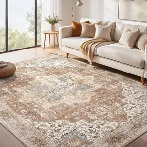 Boho Vintage Distressed Oriental Medallion Neutral Thin Rug Carpet for Living Room Bedroom Dining Room Home Office Decor