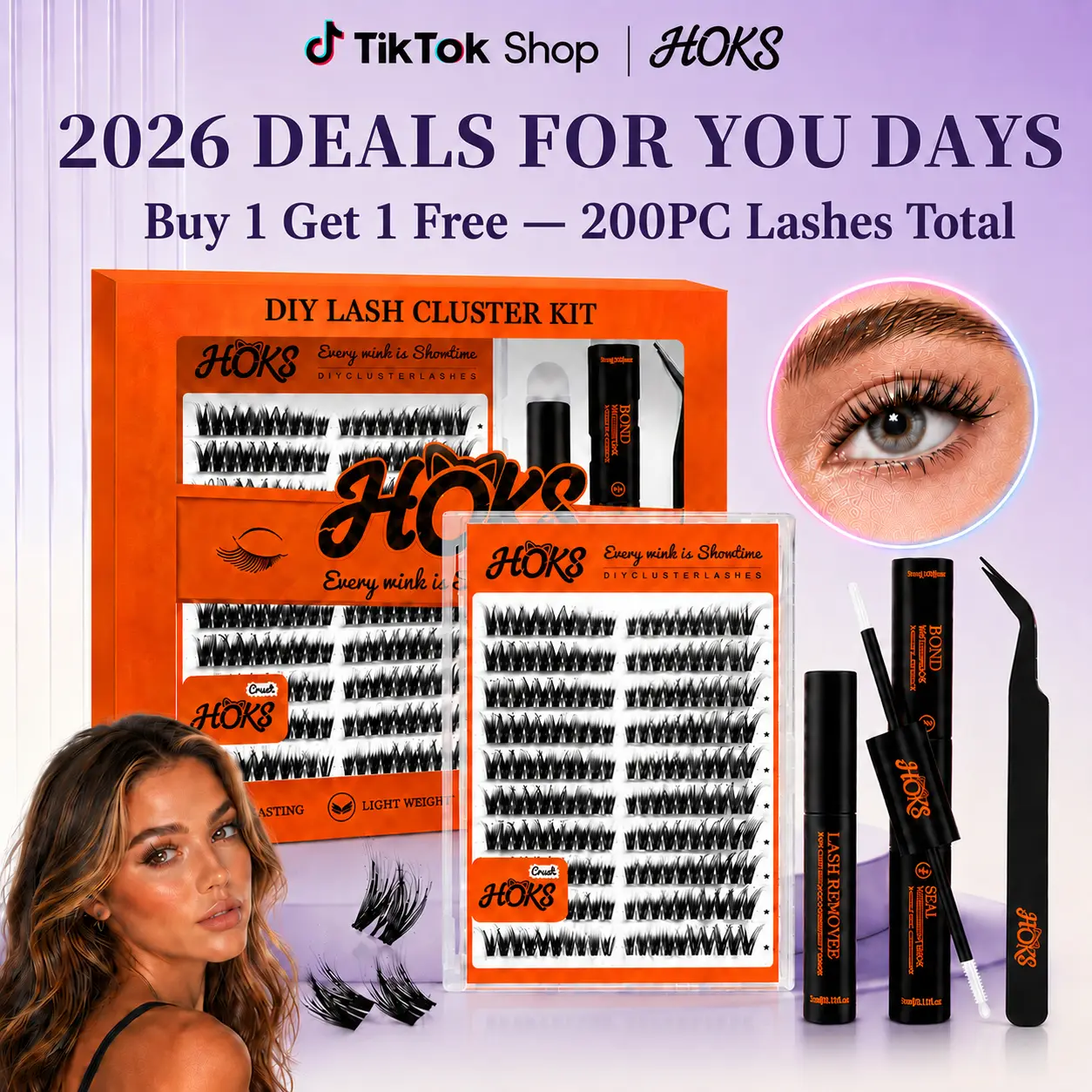 HOKS (Buy One, Get One Free) 200PCS Waterproof DIY Cluster Lash Extension Kit | Long-Lasting | Natural Wispy Look | Lightweight and Comfortable | Easy to Apply | Perfect for Home and Outdoor Wear
